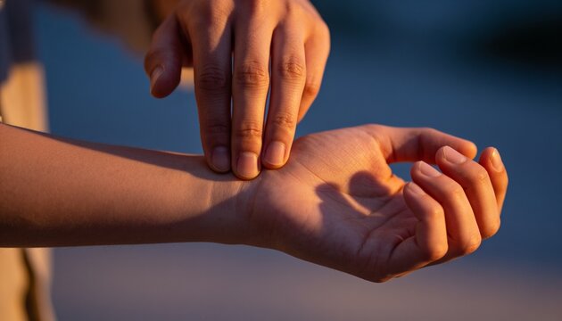 Checking hands placing fingers on right wrist in golden hour outdoors, short sleeve shirt forearm