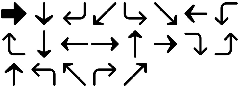 Basic Arrows including arrow, direction, down, right, pointer, pointing, up, left, navigation, way, back, diagonal, next, directional, forward. Vector icon collection.
