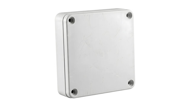 White plastic electrical junction box with screw holes used for outdoor wiring protection.