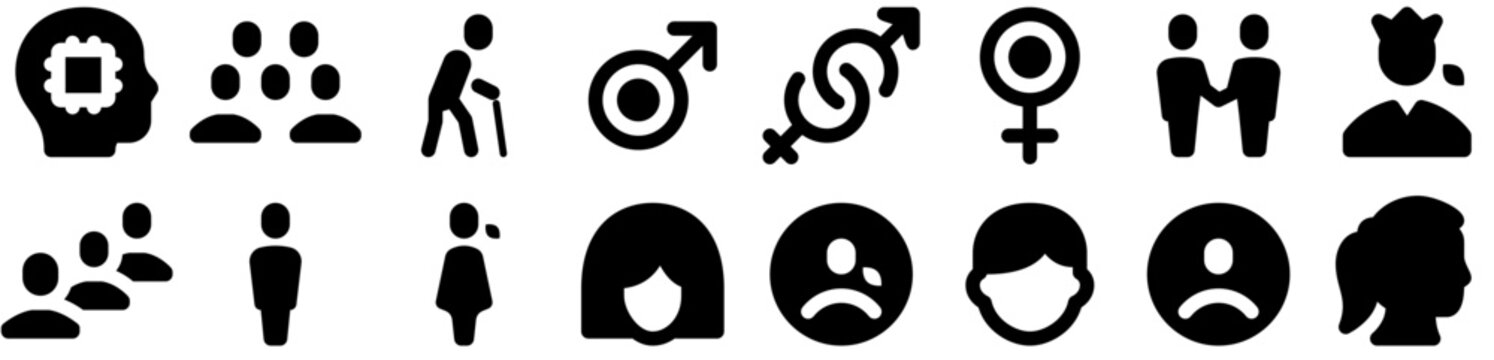 People Icon Pack: user, female, male, profile, woman, gender, person, man, sign, human, avatar, picture, pic, head. Vector icon collection.