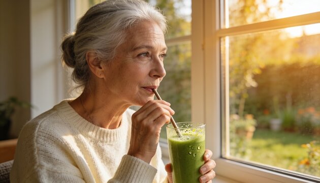 Holding glass, senior woman wearing cream knit sipping green smoothie with metal straw at window