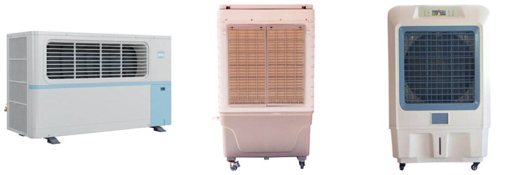 Three different types of air coolers or evaporative coolers isolated on a white background