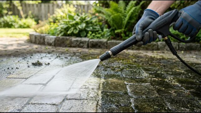 Man cleaning dirty stone patio with electric pressure washer. Worker washing garden path with water jet. Home maintenance surface renovation and deep cleaning.