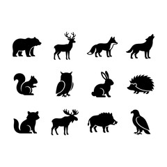Obraz premium Set of wild animals silhouette icons featuring bear deer wolf and owl, wildlife
