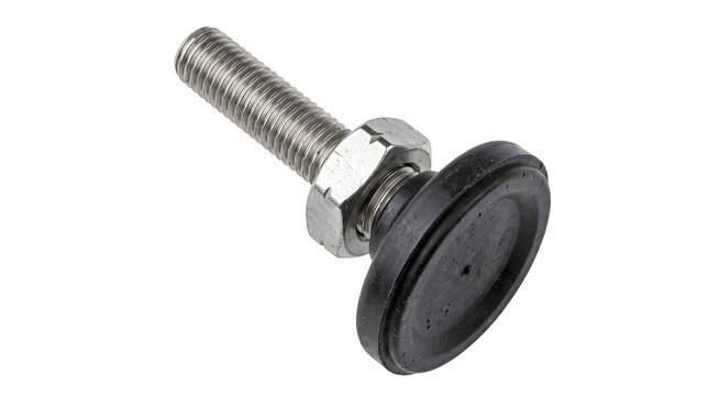 Adjustable leveling foot with threaded bolt and rubber base for furniture stability.