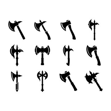 Vintage battle axes and medieval weapons vector set with medieval, silhouette