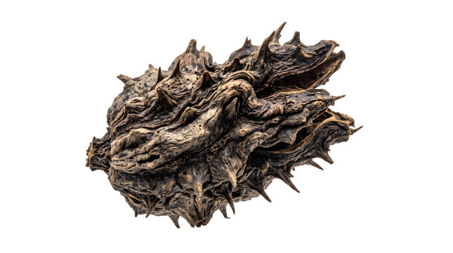Abstract textured organic dark brown spiky seed pod or alien plant.