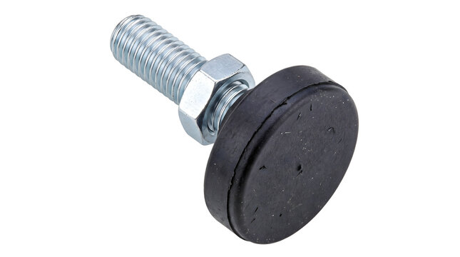 Adjustable leveling foot with threaded bolt and rubber base for furniture stability.