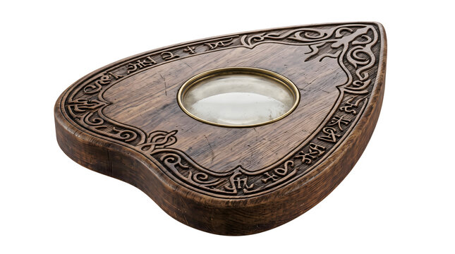 Antique wooden planchette with engraved symbols and glass lens for Ouija board game.