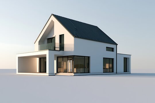 Modern minimalist house design with a flat roof extension and a pitched roof main structure, featuring large glass windows and a balcony