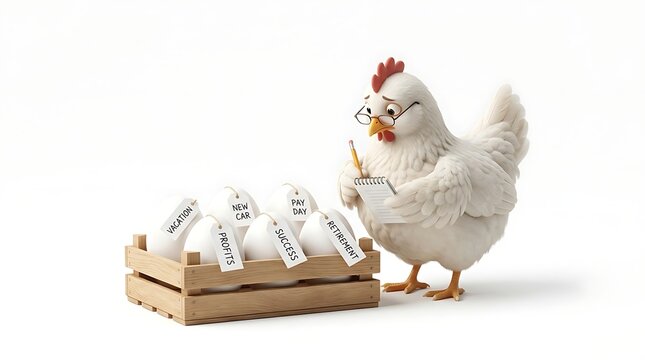 Cute 3D cartoon chicken wearing glasses counting eggs labeled with financial goals in a wooden crate, savings concept.