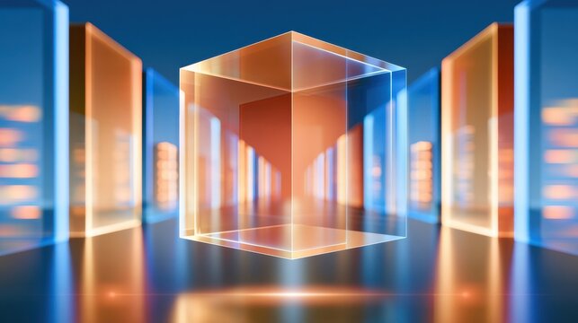 Glowing transparent cube with luminous edges floating in abstract digital space