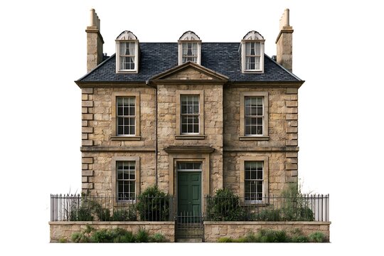 A historic stone mansion with dormer windows and a green door, isolated on white background