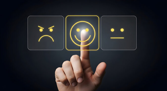 A hand pressing a glowing happy smiley face button for excellent customer feedback and satisfaction rating service on a dark background
