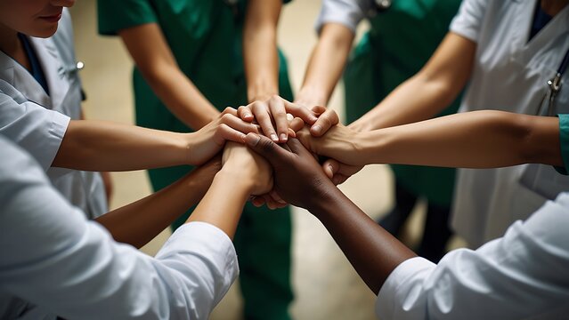 Diverse Medical Team Putting Hands Together in a Unity Stack Symbolizing Healthcare Collaboration Teamwork and Professional Support in Hospital Environment