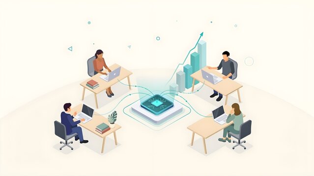Business Team Collaborating around Central AI Processing Chip Vector Illustration
