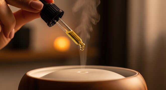 Aromatherapy Essential Oil Dropper Dispensing into a Humidifier.