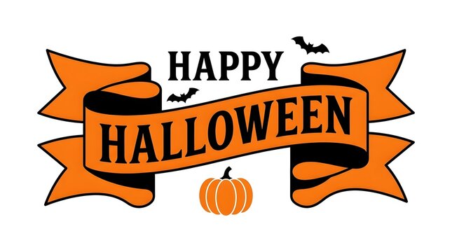 A delightful and spooky halloween typographic design featuring a ribbon banner bats and a charming pumpkin illustration perfect for seasonal celebrations