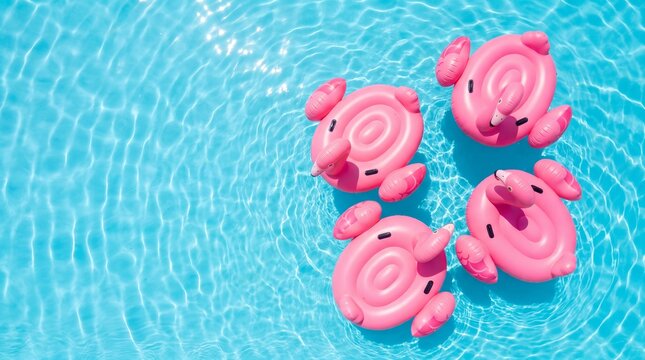 Inflatable flamingo pool floats drifting in aqua blue swimming pool water, refreshing tropical summer vacation atmosphere