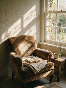 Brown velvet armchair with open book and blanket by the window. Cozy reading nook with sunlight and shadows. Authentic unstaged home interior