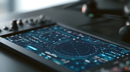 Fototapeta premium A futuristic control panel with glowing blue digital interfaces and circular radar displays on a sleek dark surface