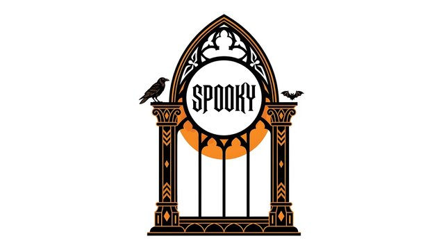 A captivating halloween typography design featuring a spooky arched window with ravens perfect for seasonal decorations and eerie themed projects