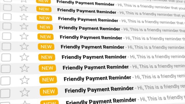 Friendly Payment Reminder Email Notifications. Digital inbox concept showing recurring payment reminders for online billing and financial communication.