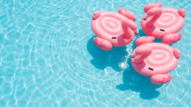 Inflatable flamingo pool floats drifting in aqua blue swimming pool water, refreshing tropical summer vacation atmosphere