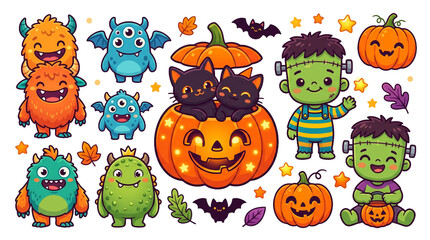 Obraz premium Cute colorful Halloween character collection featuring friendly monsters pumpkin patch kittens spooky bat figures joyful autumn celebration icons decorative seasonal graphic design elements