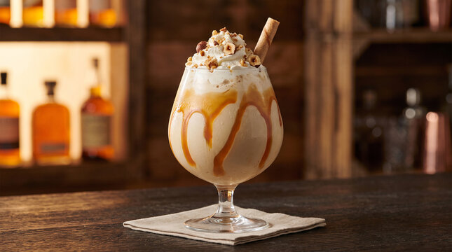 Delicious sweet caramel milkshake in a large glass goblet topped with whipped cream, nuts, chocolate drizzle, and a wafer stick on a bar counter.