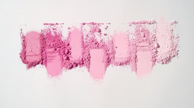 View from above shot of a filament thread cutting through seven pink powder heaps on a light grey background