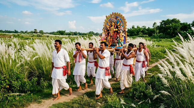 Devotees Carrying Goddess Durga Idol on Wooden Palanquin Through Autumn Kash Grass Field
