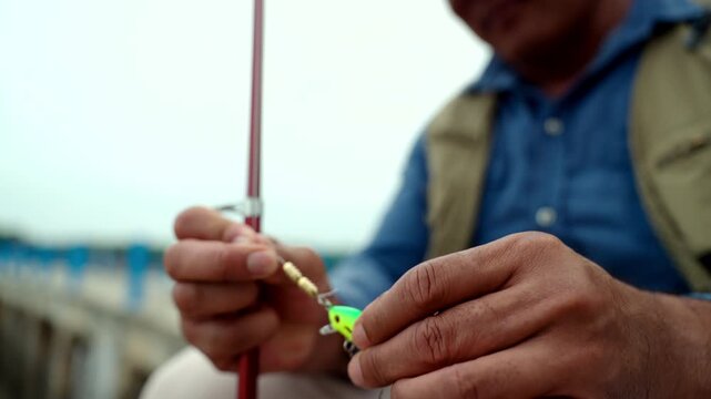Close-up Senior man preparing fishing gear by the seaside. Retirement lifestyle active aging. Healthy longevity, outdoor recreation, peaceful leisure. Life insurance planning for a secure retirement.
