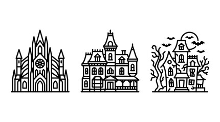 Obraz premium Detailed outline icons of spooky architecture showcasing a grand cathedral church a victorian mansion a haunted house with bats architecture cathedral detailed victorian building halloween