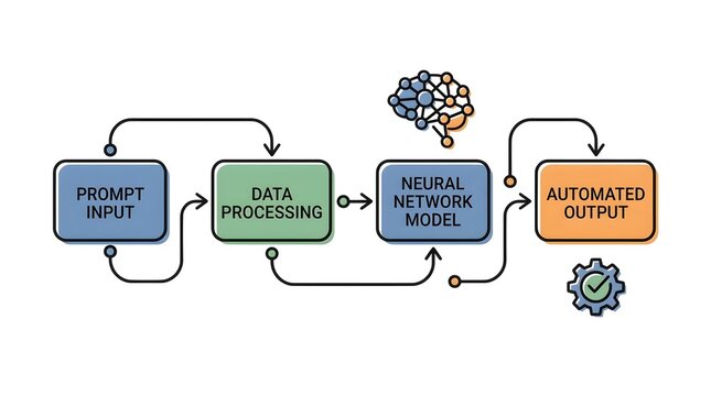 Neural network diagram showing prompt input to automated output.