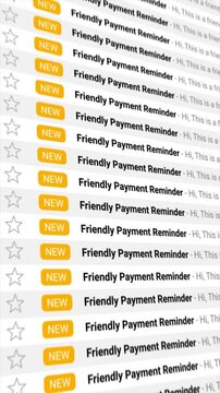 Friendly Payment Reminder Email Notifications. Digital inbox concept showing recurring payment reminders for online billing and financial communication.