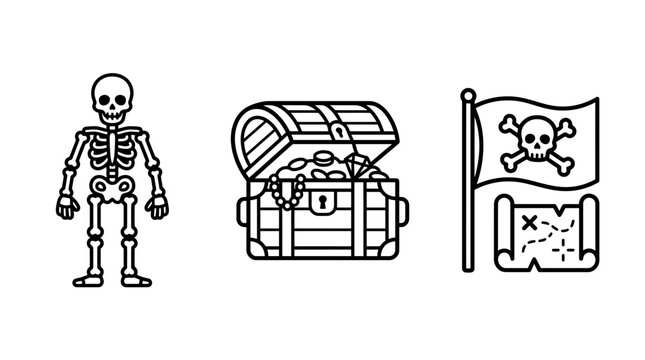 Pirate adventure elements line icon set featuring skeleton treasure chest flag and map skeleton treasure adventure isolated navigation historical