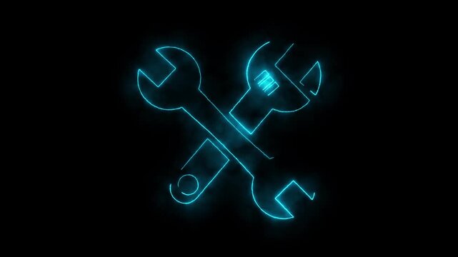 Neon glowing crossed wrench and spanner animation for industrial repair and maintenance concepts light