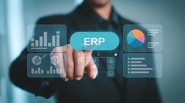 Businessman's hand touching ERP button on digital interface with data charts and graphs in soft light
