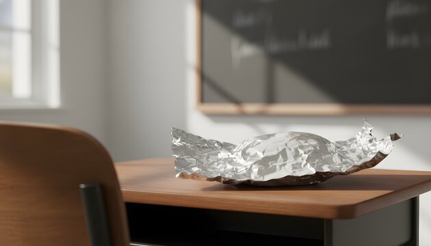 Aluminum foil pack sandwich wrapper on school table desk inside bright empty classroom with blackboard in background for childhood education and lunch break concept