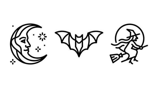 Linear halloween vector icon set featuring face crescent moon with stars bat silhouette witch on broom halloween crescent celebration mystical creature silhouette minimalist collection