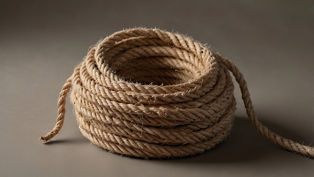 A neat coil of thick natural jute rope resting on a neutral grey background with soft studio lighting highlighting the coarse texture and sturdy craft material for industrial and nautical themes