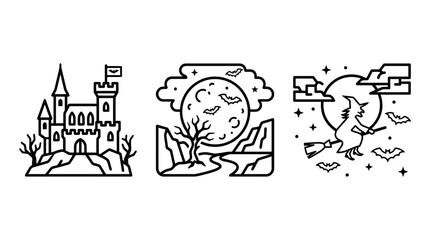 Obraz premium Halloween linear icon set of medieval castle full moon landscape and witch flying on broomstick with halloween landscape broomstick collection minimalist decoration monochrome isolated