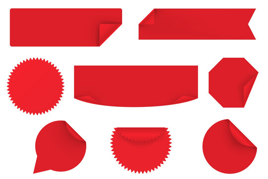 Red sale paper stickers elements set design. Collection with different shapes shopping labels with curling corners, commerce coupons with sales offers and clearance discount. Illustration.