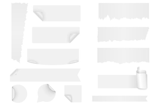 White paper stickers elements set design. Collection with different shapes shopping labels with curling corners, commerce coupons with sales offers and clearance discount. Illustration.