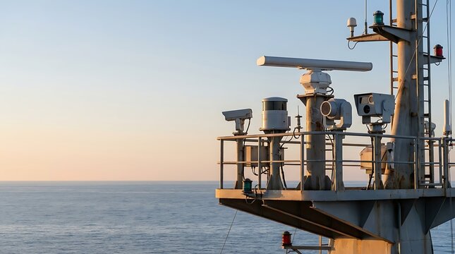 Ship bridge exterior with radar and navigation sensors at sunset on the open ocean.