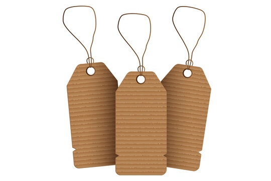 Vintage kraft paper price tags with strings and corrugated texture, isolated on a transparent background. Blank rustic labels for packaging, handmade products, gifts, sales and branding.