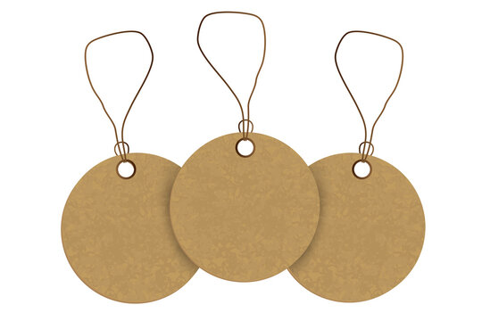 Vintage kraft paper price tags with strings, isolated on a transparent background. Rustic blank labels for product packaging, handmade goods, gifts, sales and branding.