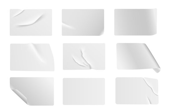 Crumpled sticker mega set in 3d realistic design. Bundle elements of white glued paper or plastic label mockup with empty text spaces and wrinkled effect. Illustration isolated graphic objects.