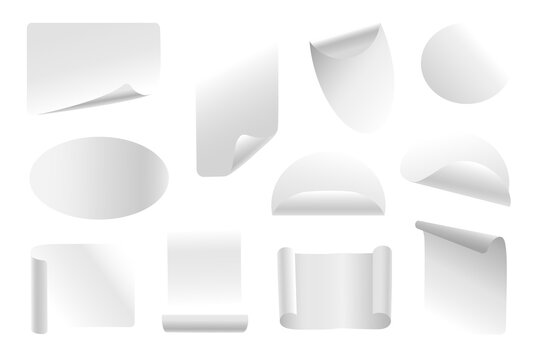 White paper stickers set elements in flat graphic design. Bundle objects of rectangular, oval, round shapes of adhesive tags with curled corners, blank labels with curve edges. Illustration.